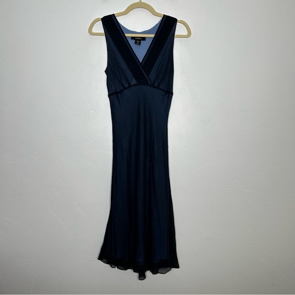 Vintage Dresses & Skirts - Vintage Y2K Silk Ice Blue Navy Midi Dress Bias Cut Express Size 5/6 Slip 90's